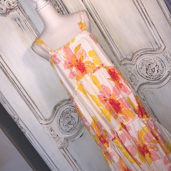 Free People Linen Blend Sherbet Color Florals on White Multi Tiered Dress S/XS - Picture 2 of 11